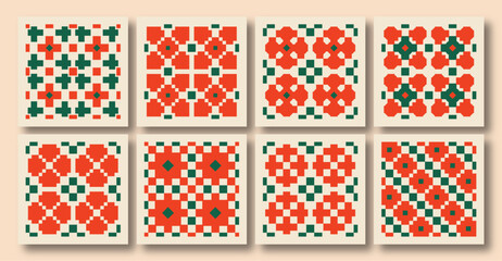 Set of trendy Christmas square posters. Geometric minimalist Winter Holidays art templates. cross stitch  / Zellige Inspired. Good for social media posts and prints.
