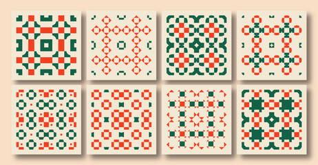 Set of trendy Christmas square posters. Geometric minimalist Winter Holidays art templates. cross stitch  / Zellige Inspired. Good for social media posts and prints.