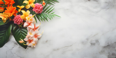 Marble background with tropical flowers on background