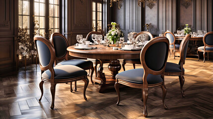 Fototapeta premium Wooden dining chairs set around glossy marble tables