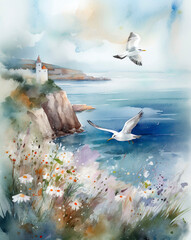 Watercolor seascape with seagulls and flowers on a rock