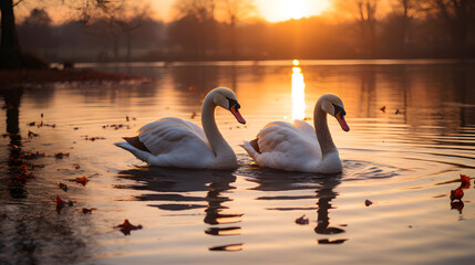 Fototapeta premium Two swans swimming together in the river
