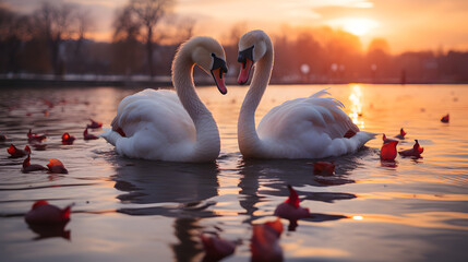 Two swans swimming together in the river