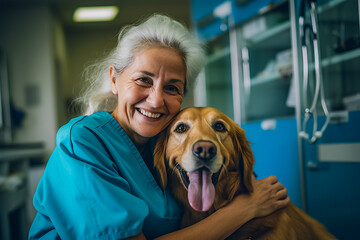 Happy senior holding her support animal in hospice, hospital room in a background. Senior vet holding her patient.