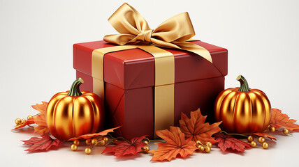 3d red and gold pumpkin with gold and red leaves and gift box isolated on white background. Thanksgiving background