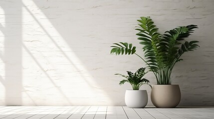 Enormous green plant in ceramic pot set on concrete floor against miserable white brick divider with windows
