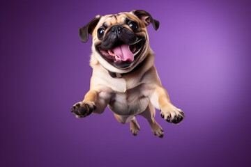 Pug dog jumping on a purple background