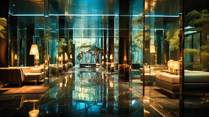 Spacious hallways with mirrored surfaces amplifying light