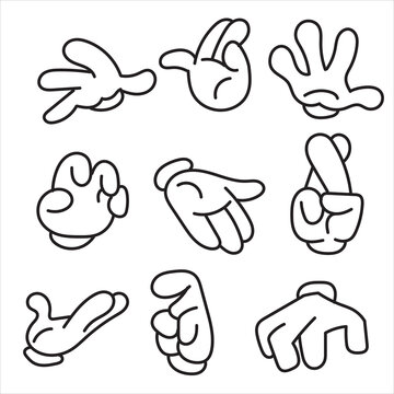Hands poses. Cartoon hand holding and pointing gestures, fingers crossed, fist, peace and thumb up. Cartoon human palms and wrist vector set. Communication or talking with emoji for messengers