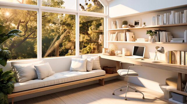 Home offices awash in daylight with minimalist white desks,