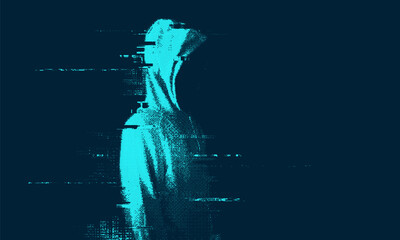 Glitched silhouette, bitmap effect, error signal, technical problem. Hacked system or cyber attack. Vector illustration.