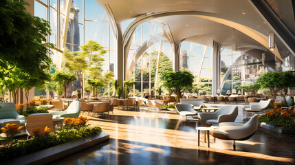 Fototapeta premium Airy atriums with transparent roofing, bringing in abundant sunlight