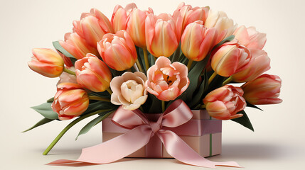 gift box with beautiful tulips on light background