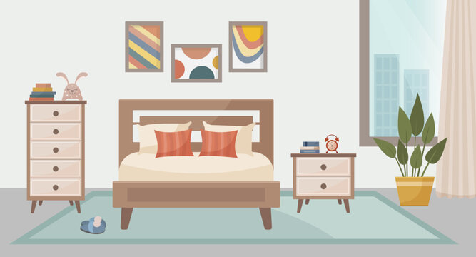 Cozy bedroom. Bedroom interior: bed, bedside table, chest of drawers, carpet, potted plants, paintings, window overlooking the city. interior concept. Vector flat illustration.