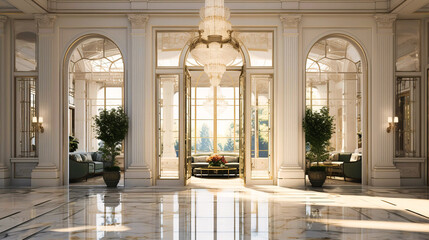 Lobbies with floor-to-ceiling white marble, reflecting abundant light, - obrazy, fototapety, plakaty
