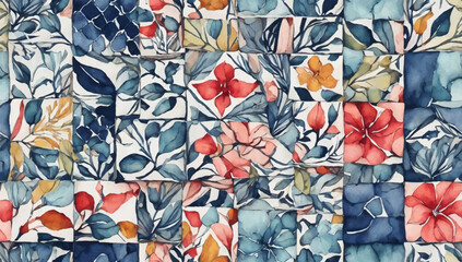 Modern Beautiful seamless pattern in patchwork style with contemporary hand drawn watercolor different tiles