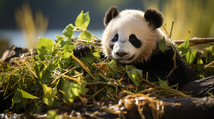 panda bear eating leaves