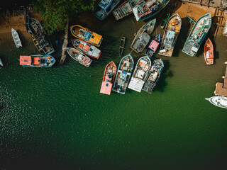 aerial photo with drone of boats on the Amazon River in Brazil