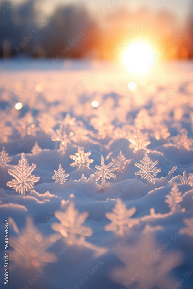 Poster a snow covered field with snowflakes in the foreground. generative ai.