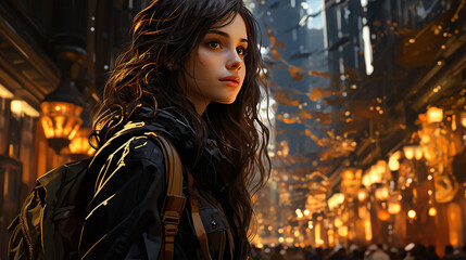 Obraz premium young girl in the city with a backpack on the background of autumn trees and autumn leaves