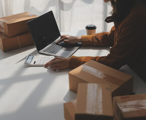 Portrait young attractive hipster asia female owner startup look at camera work happy with box at home prepare parcel delivery in sme supply chain, procurement, omnichannel ecommerce online concept.