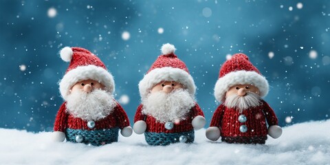 Naklejka na ściany i meble 3 cute Santa get together in snow fall on blue blurred snowy forest background, concept of Merry Christmas, with copy space, Christmas banner.