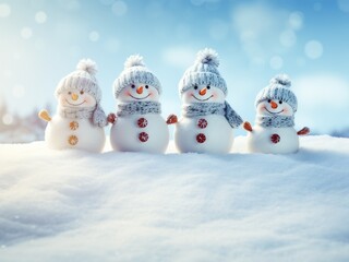 Adorable and happy knitted snowman family on Christmas snowy background, get together and celebrating holiday seasons, with copy space, idea for greeting cards and posters.