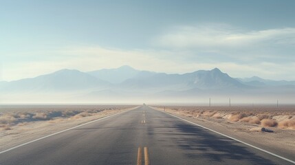 Straight road to further destination, morning desert landscape, concept of travel, with copy space.