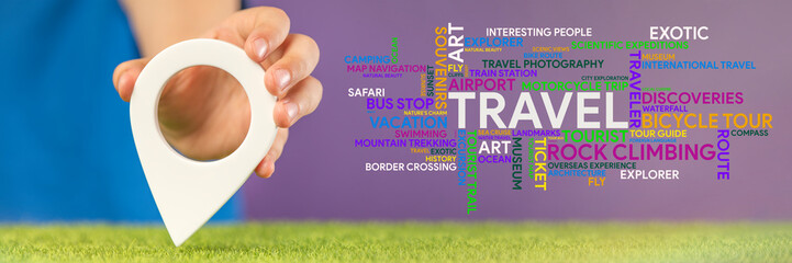 Travel planning. GPS pin symbol in hand and a word cloud on the theme of travel in different colors and sizes on a purple background. Banner on the theme of travel.