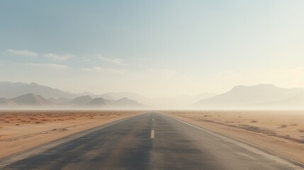 Fototapeta na wymiar Straight road to further destination, morning desert landscape, concept of travel, with copy space.