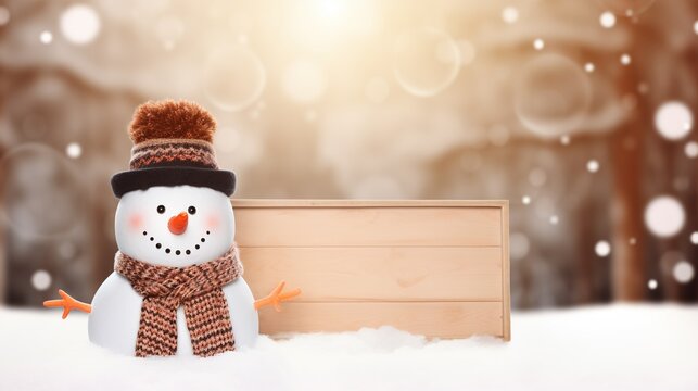 Cute snowman holding a blank wooden frame on blurred shiny Christmas celebrating background on soft snow, Holidays banner design with copy space.