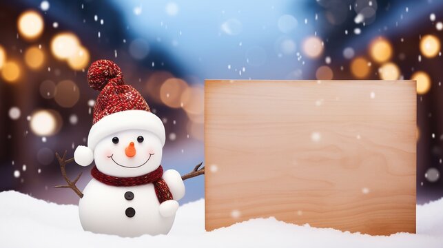 Cute snowman holding a blank wooden frame on blurred shiny Christmas celebrating background on soft snow, Holidays banner design with copy space.