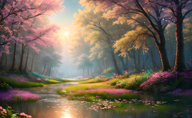 Fototapeta na wymiar Beautiful fantasy fairy forest, generative ai