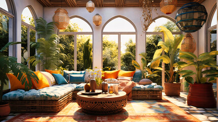 Moroccan themed sunroom with floor cushions