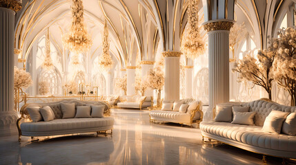 Close view of white chandeliers with gold embellishments