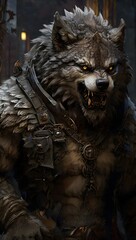 Evil Wolf in Armor Suit Portrait Wolf with Malevolent Expression in Armor Armored Wolf with Sinister Face Background AI Generative