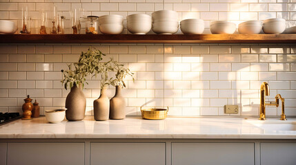 Fototapeta na wymiar Macro of white tiles with gold accents in a kitchen