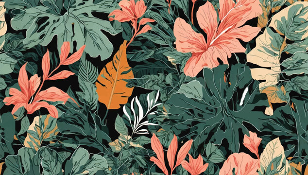 Modern exotic jungle plants illustration pattern. Creative collage contemporary seamless pattern. Fashionable template for design