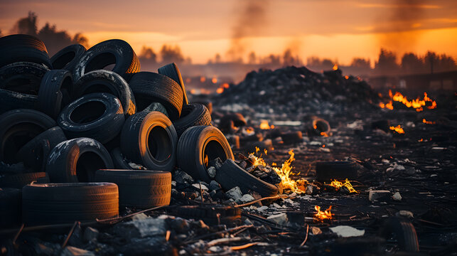 Used tires, piles of old tires and wheels for tire recycling