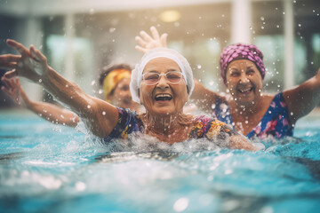 Obraz na płótnie Canvas Group of elderly women having fun, water aerobics session in a swimming pool, elderly happy people. 