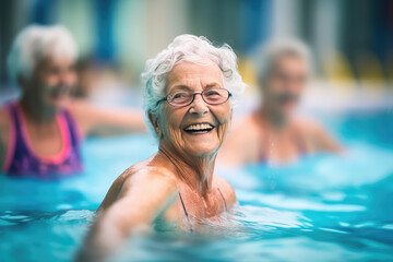 Group of elderly women having fun, water aerobics session in a swimming pool, elderly happy people. 