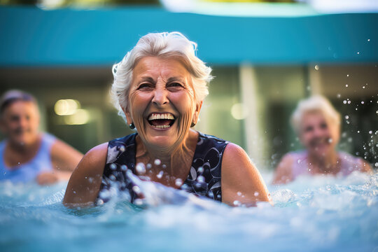 Group of elderly women having fun, water aerobics session in a swimming pool, elderly happy people. 