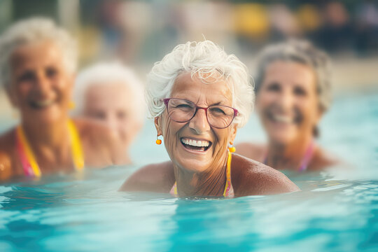 Group of elderly women having fun, water aerobics session in a swimming pool, elderly happy people. 