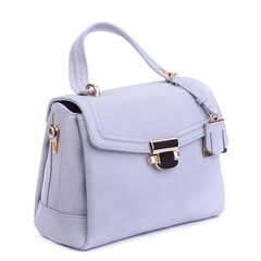 Trendy lilac female top-handle leather bag with metal clasp and tag isolated against a white background. Elegant summer accessories.  Mock-up for advertising poster.  Discount promotion, sale.