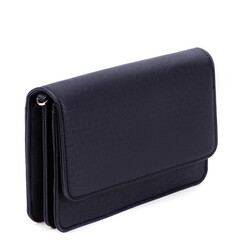Classy women's black saffiano leather clutch isolated against a white background with space for text. Mock-up for advertising poster, discount promotion, sale. Concept of versatile accessories.