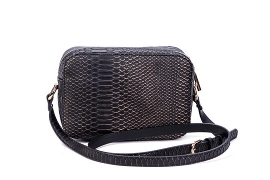 Trendy women's black python leather bag with shoulder strap and zipper isolated on a white background with free space. Original design. Concept of fashion, sales, discounts. Retail, e-commerce store.