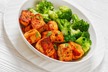 baked salmon bites with steamed broccoli florets