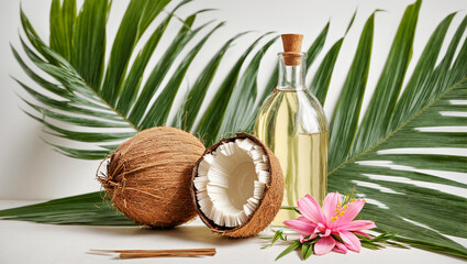 Fototapeta na wymiar Coconut oil, leaves and flower