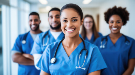 Team of young doctors coordinating patient care in a hospital. Medical center wallpaper, happy doctor in uniform.