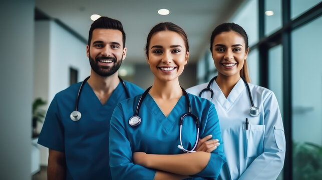 Team of young doctors coordinating patient care in a hospital. Medical center wallpaper, happy doctor in uniform.